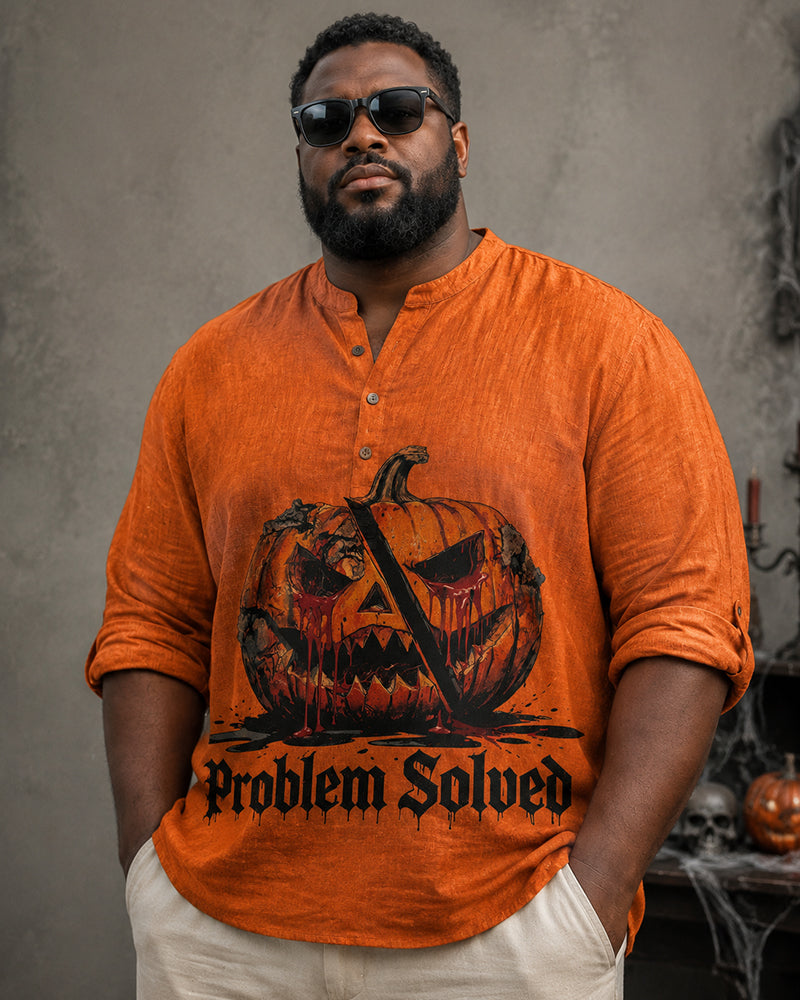 Big & Tall Men's Devil Pumpkin Problem Solved Printed Collar Long Sleeve Shirt