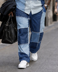 Big & Tall Men's Color-block Denim Patch Print Long Sleeve Shirt Pants Set