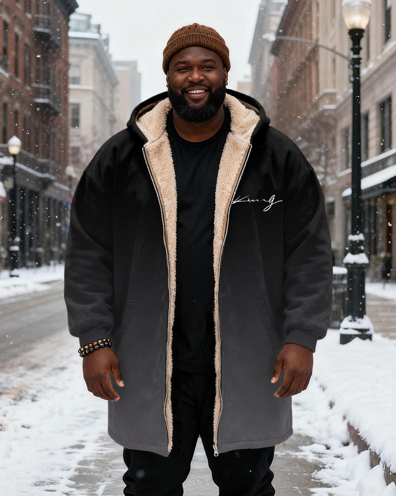 Big & Tall Men's Gradient King Alphabet Printed Velvet Thickened Long Hooded Exterior