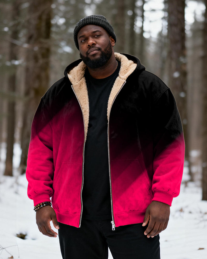 Big & Tall Men's Black And Red Gradient Print Velvet Thickened Zip Cardigan Hoodie