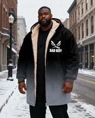 Big & Tall Men's "BAD BOY" Orange Black Gradient Printed Velvet Padded Long Hooded Coat