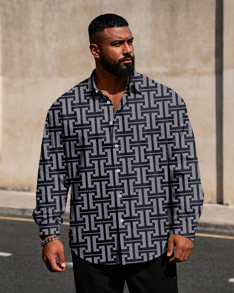 Big & Tall Men's Business Style Geometric Print Long Sleeve Shirt