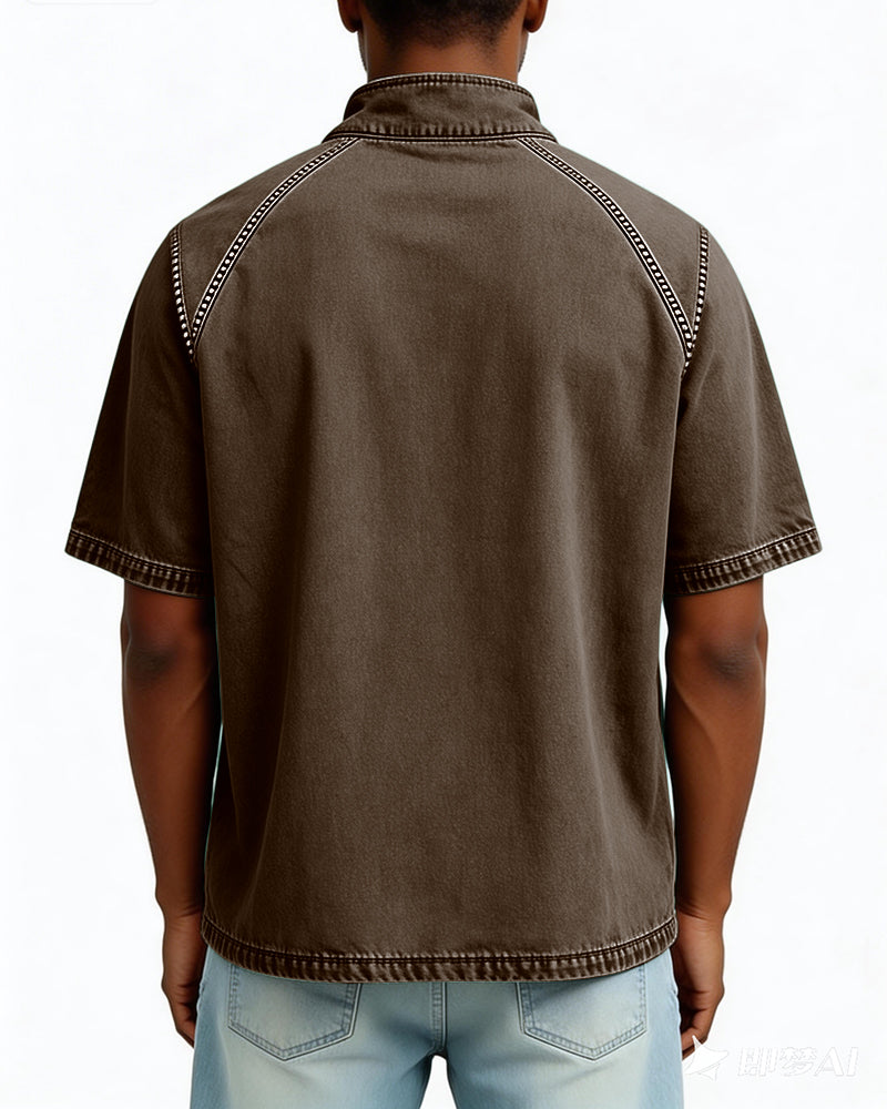 S-4XL Solid Color American Style Wash Pure Cotton Half Zip Short Sleeve Polo Shirt