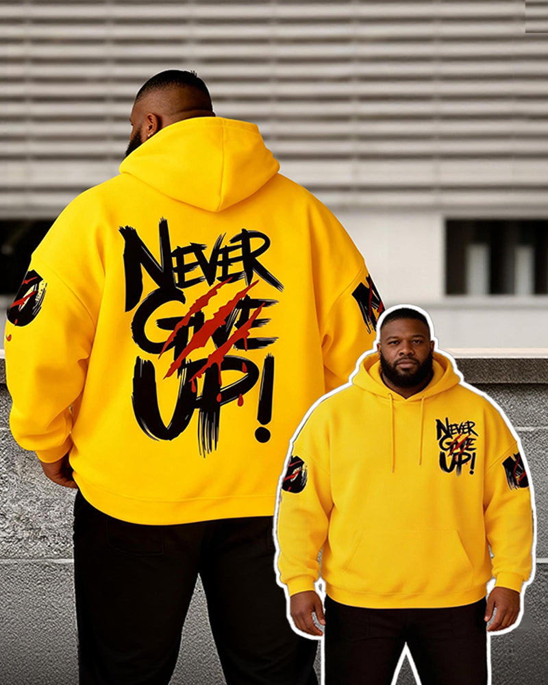 Big & Tall Men's Bright Yellow "Never Give Up" Printed Hoodie Set