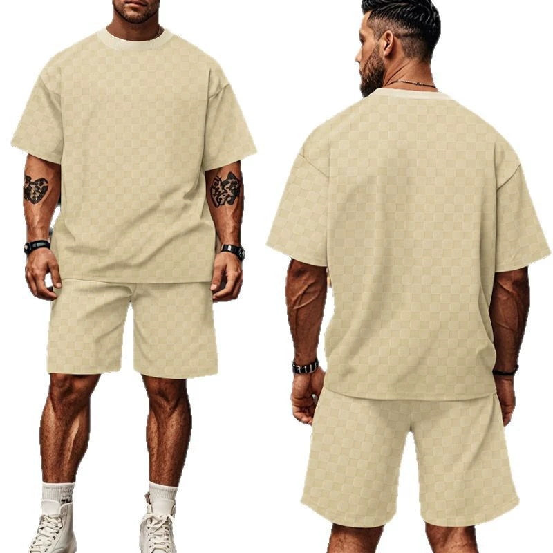 S-3XL Jacquard Checkerboard Solid-color Short-sleeve Shorts Sportswear Set