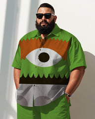 Men's Plus Size Street Fashion Green Cartoon Fun Glasses Print Shirt Shorts Suit