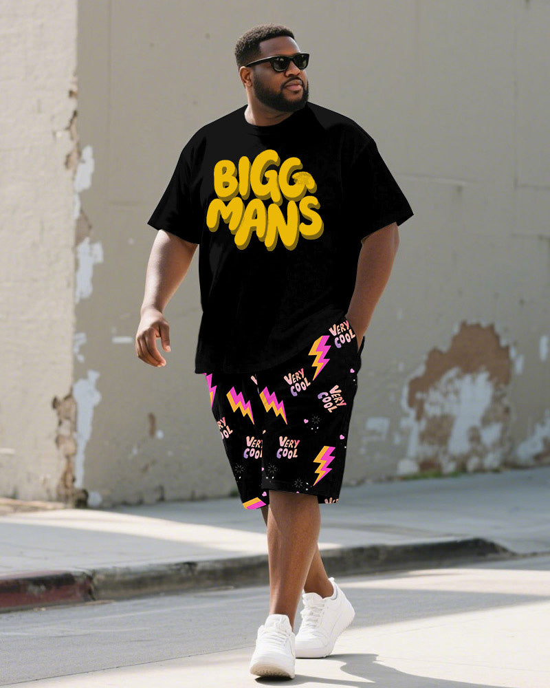 Men's Plus Size Street Graffiti Black Fun BIGGMANS Letter Print Round Neck Short Sleeve T-Shirt Shorts Suit