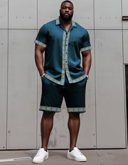 Big Man's Retro Daily Casual Edge Color Block Printing Short Sleeve Shirt Shorts Suit