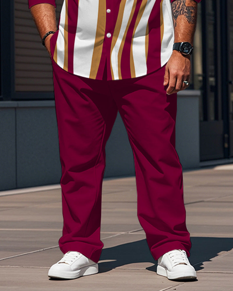 Men's Plus Size Rose Red Color Block Wave Stripe Print Long Sleeve Shirt Trousers Suit