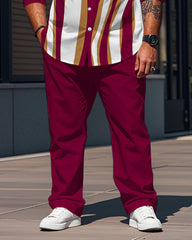 Men's Plus Size Rose Red Color Block Wave Stripe Print Long Sleeve Shirt Trousers Suit