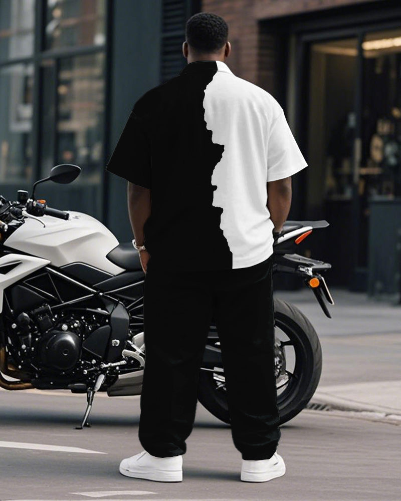 Men's Plus Size Business Black And White Color Block K Letter Printed Short Sleeve Shirt Trousers Suit