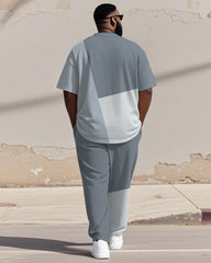 Men's Plus Size Blue And Grey Colorblock Alphabet Print Henry Collar T-Shirt Pants Suit