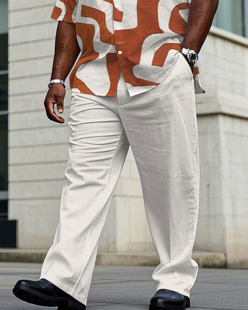 Men's Plus Size Business Irregular Orange Graphic Print Short Sleeve Shirt Trousers Suit