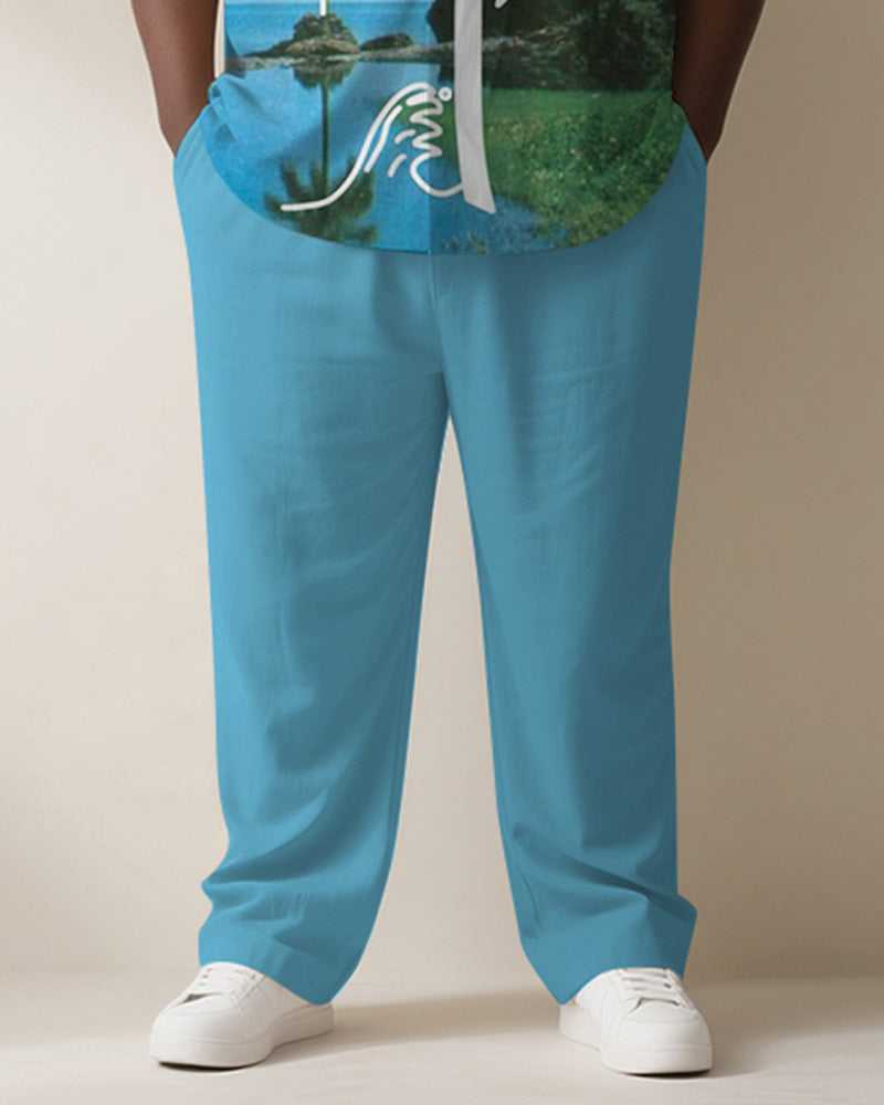Big & Tall Men's Hawaiian Blue Sky Vintage Hand-painted Coconut Print Short-sleeved Shirt Pants Suit