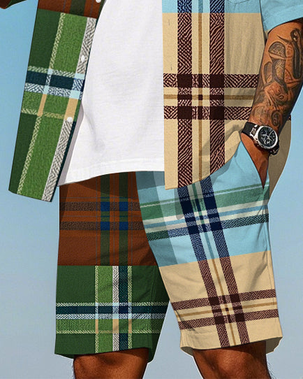 Big Men's Daily Casual Splicing Color Plaid Printed Short Sleeve Shirt and Shorts Set