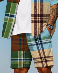 Big Men's Daily Casual Splicing Color Plaid Printed Short Sleeve Shirt and Shorts Set