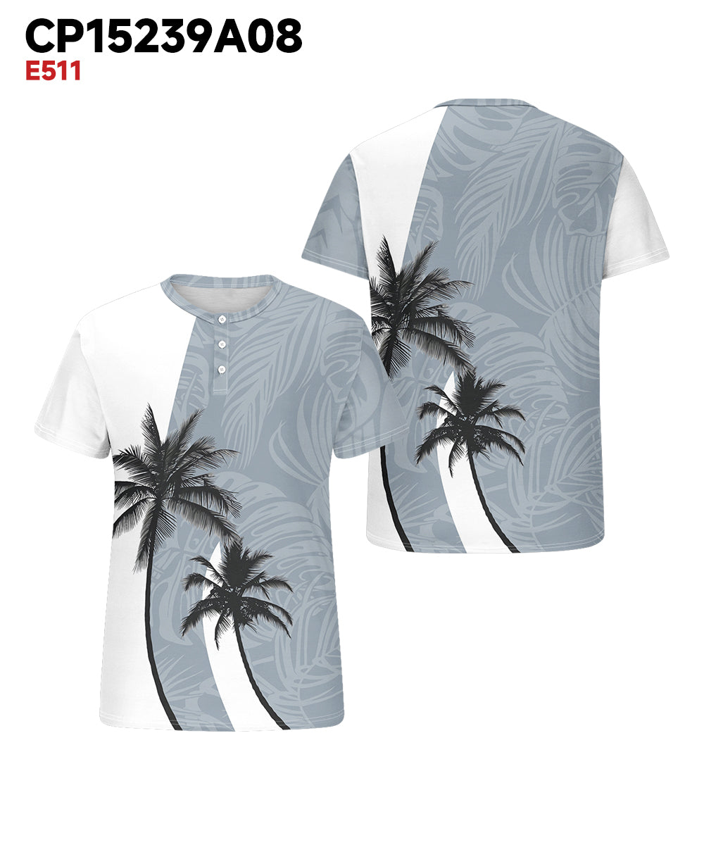 Men's Plus Size Daily Casual White Colorblock Coconut Tree Print Henry Collar Button Short Sleeve T-Shirt