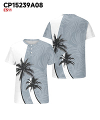 Men's Plus Size Daily Casual White Colorblock Coconut Tree Print Henry Collar Button Short Sleeve T-Shirt