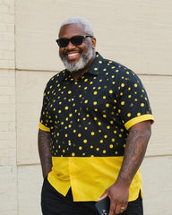 Big & Tall Men's Daily Leisure. High-grade Polka Dot Yellow Black Printed Shirt Shorts Suit
