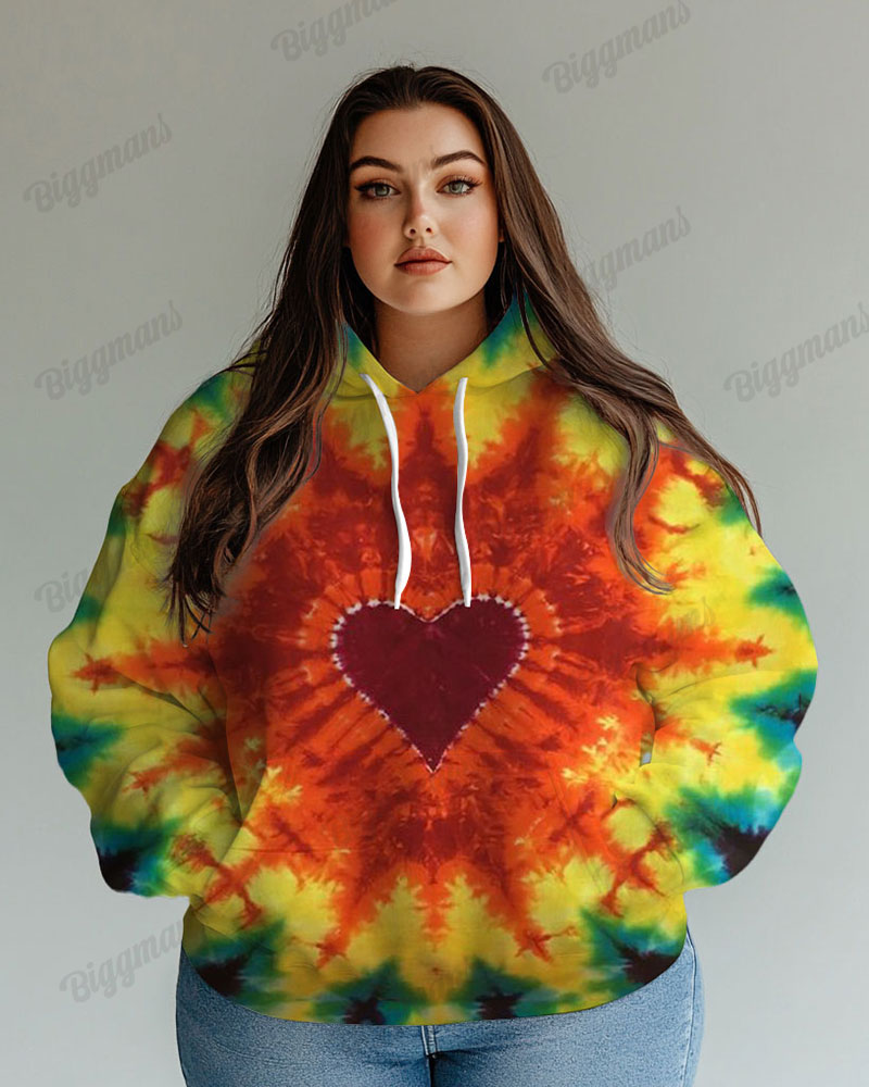 Women's Big Fashion Daily Gradient Heart Tie Dye Print Long Sleeve Hoodie