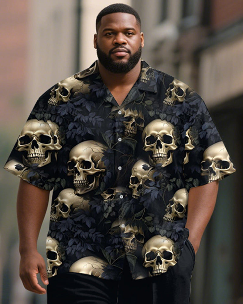 Big & Tall Men's Leaf Black Skull Print Short Sleeve Shirt Trousers Suit
