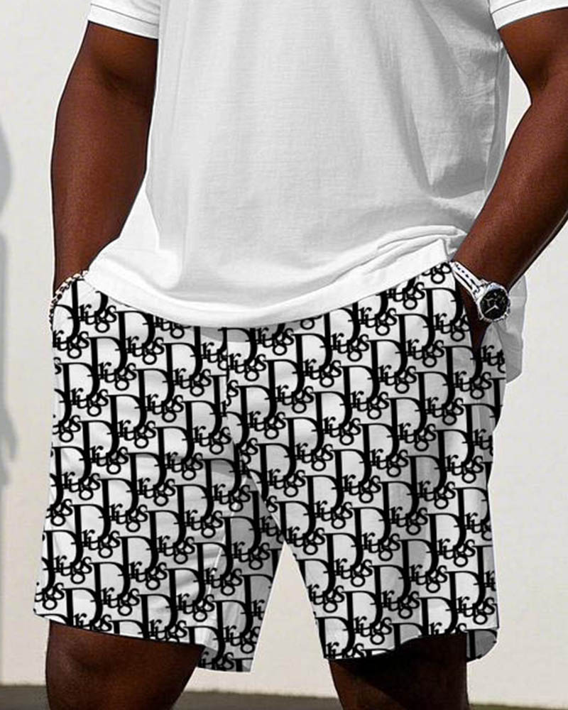 Daily Leisure Vacation Big-name Flower Stitching Short Sleeve POLO Shorts Suit Men's Plus Size