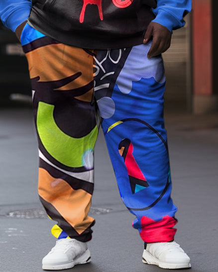 Men's Plus Size Casual Tracksuit Graffiti Color Block Hoodie Pants Set