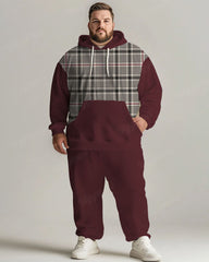 Men's Daily Casual Versatile Classic Wine Red Gray Plaid Print Plus Size Hoodie Suit