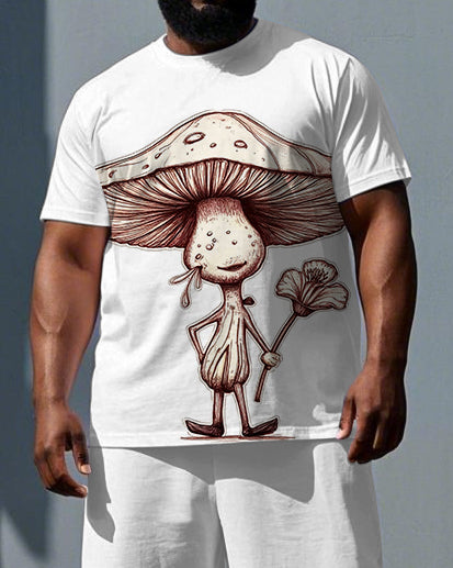 Men's Fashion Mushroom Cartoon Print Casual Breathable Big & Tall Short-Sleeve T-shirt Shorts Set