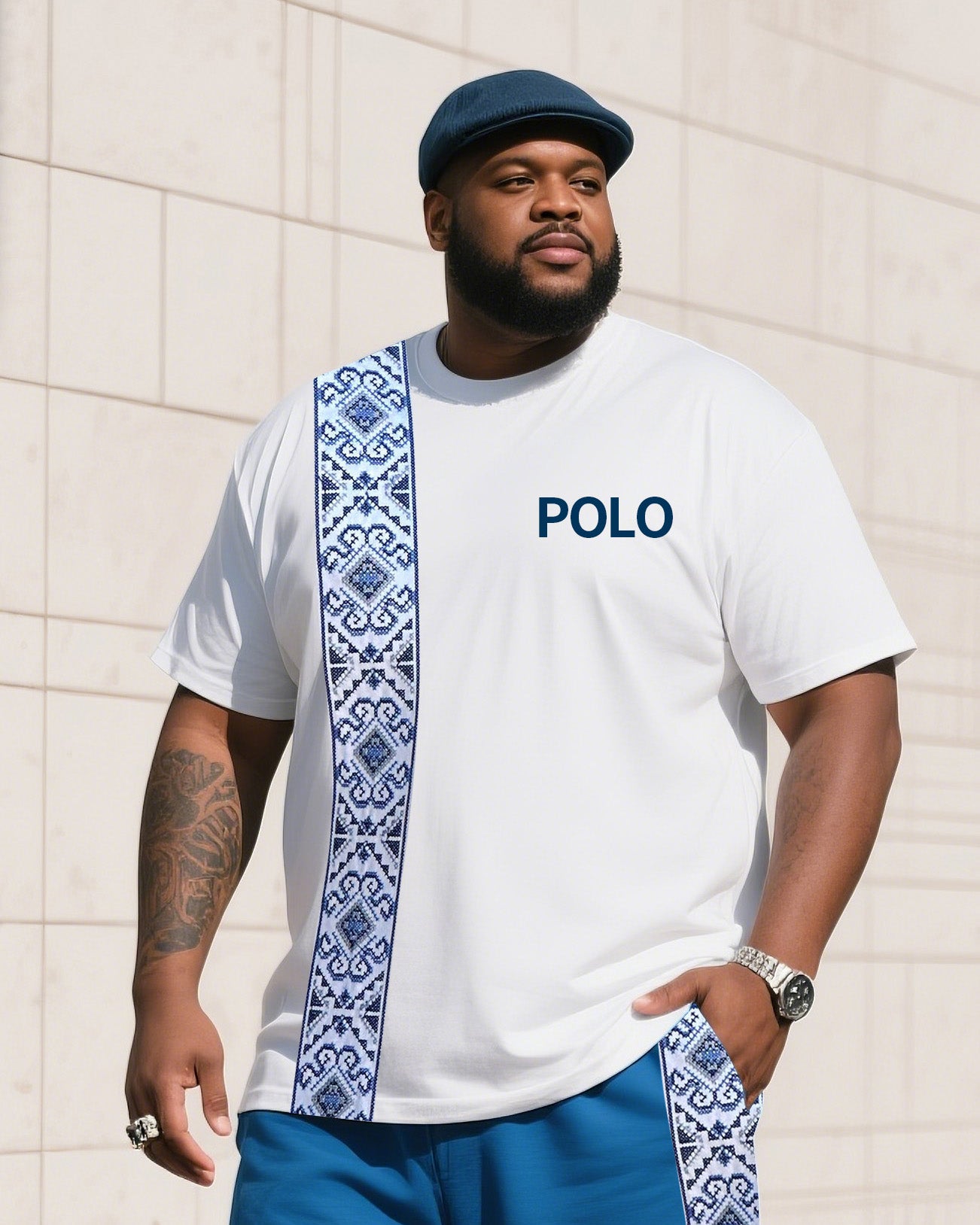 Men's Plus Size White With Blue Creative Stripe Polo English Print T-Shirt Shorts Suit