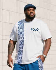 Men's Plus Size White With Blue Creative Stripe Polo English Print T-Shirt Shorts Suit
