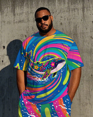 Big Men's Casual Animal World Whale in Vortex Printed Crew Short Sleeve T-shirt Pants Set