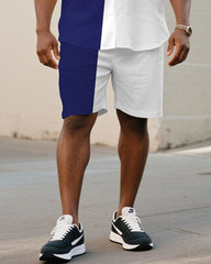 Men's Plus Size Blue & White Irregular Stitching Chest Small Label Printed Short Sleeve Shirt Shorts Suit