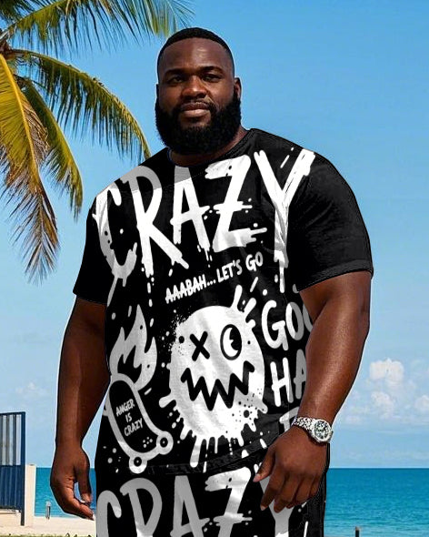 Big Men's Hip Hop Graffiti Letter Humor Face Printed Street Fashion Short Sleeve T-Shirt Shorts Set