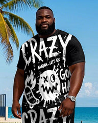 Big Men's Hip Hop Graffiti Letter Humor Face Printed Street Fashion Short Sleeve T-Shirt Shorts Set