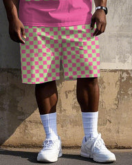 Big Men's Street Fashion Checkerboard Smiley face Coconut Tree Printed Short Sleeve T-shirt Shorts Set