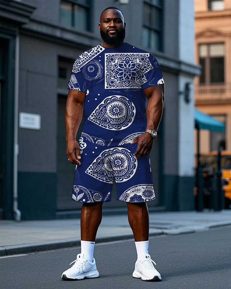 Men's Big and Tall Vintage Paisley Pattern Printed Casual Short Sleeve T-Shirt and Shorts Set