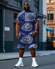 Men's Big and Tall Vintage Paisley Pattern Printed Casual Short Sleeve T-Shirt and Shorts Set