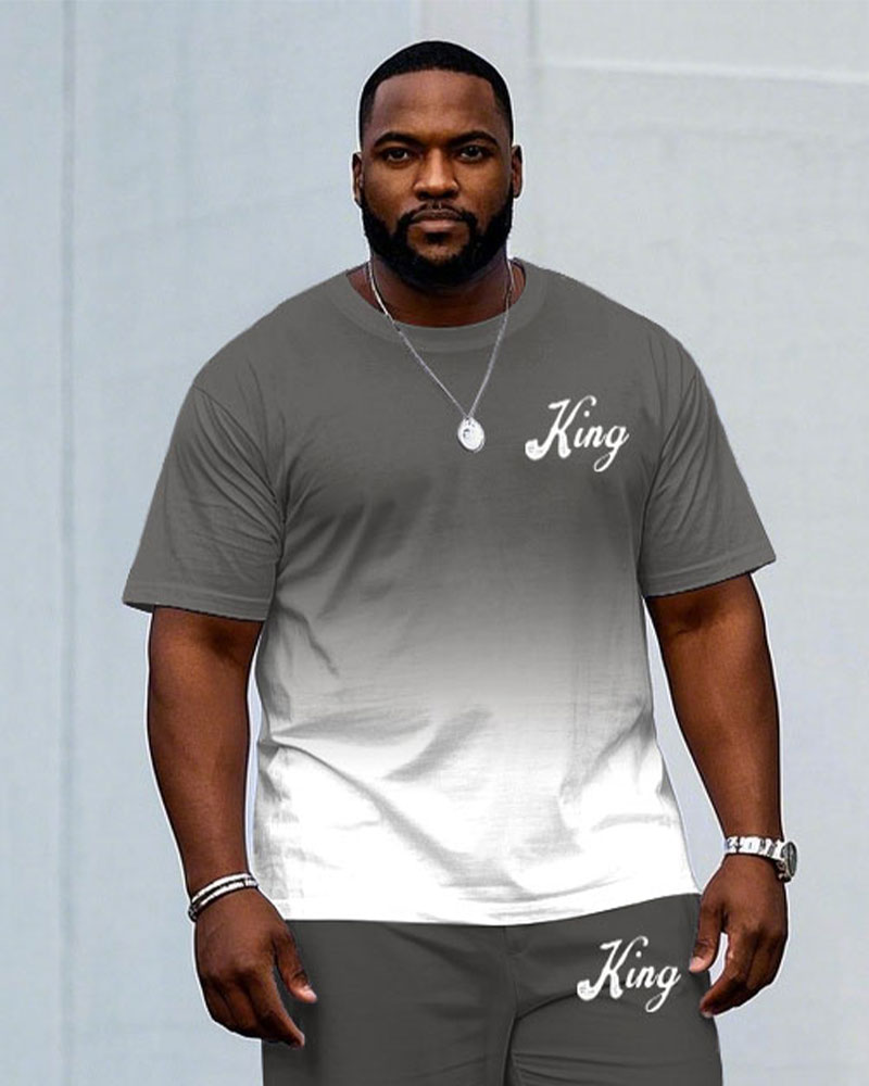 Men's Plus Size Casual Grey & White Chest "king" Slogan Printed Short-sleeved T-shirt Pants Suit