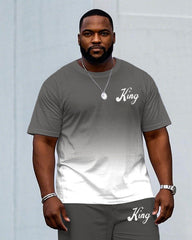 Men's Plus Size Casual Grey & White Chest "king" Slogan Printed Short-sleeved T-shirt Pants Suit