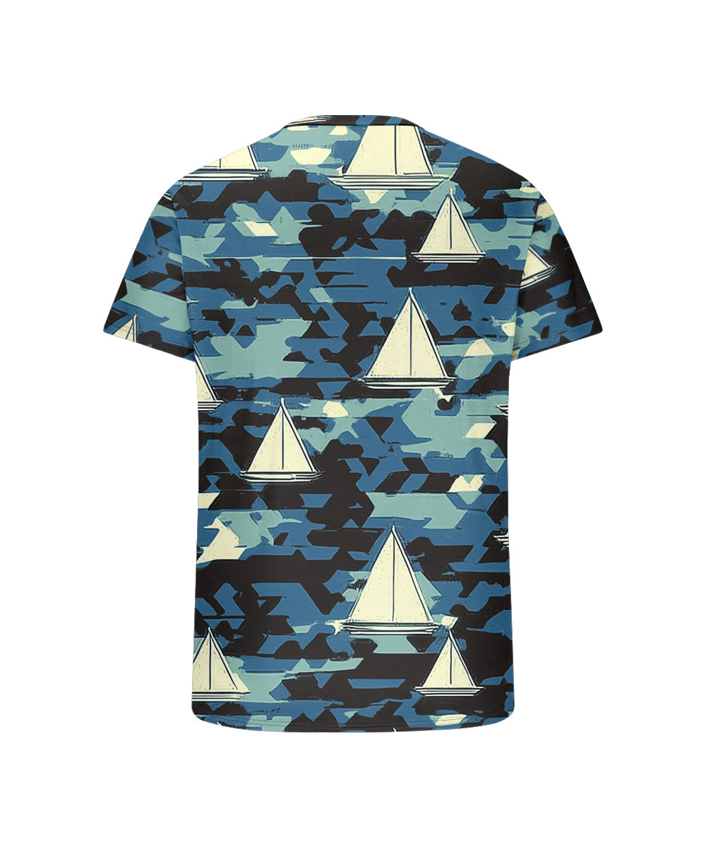Men's Plus Size Hawaiian Blue Camouflage Sailboat Print Henry Collar Button Short Sleeve Tee