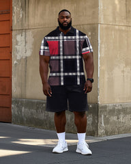 Big Men's Plaid Geometric Pattern Letter Printed Casual Short Sleeve Polo Shirt Shorts Set