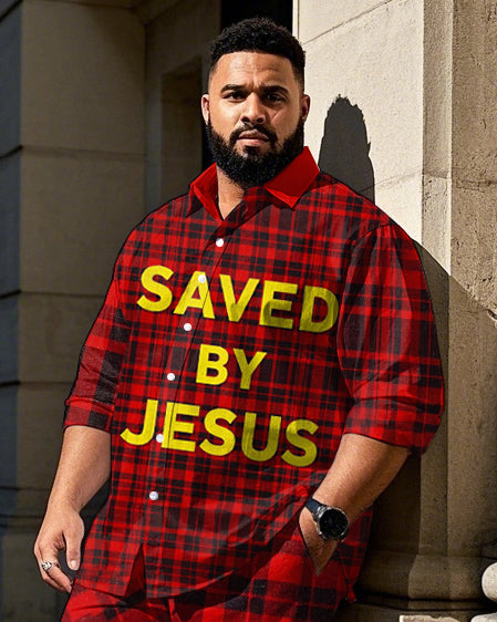 Big Guy's Daily Casual SAVED BY JESUS Red Plaid Printed Long Sleeve Shirt Pants Set