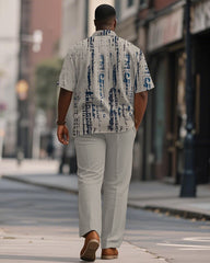 Men's Plus Size Simple Grey Abstract Stroke Print Short-sleeved Shirt Trousers Suit
