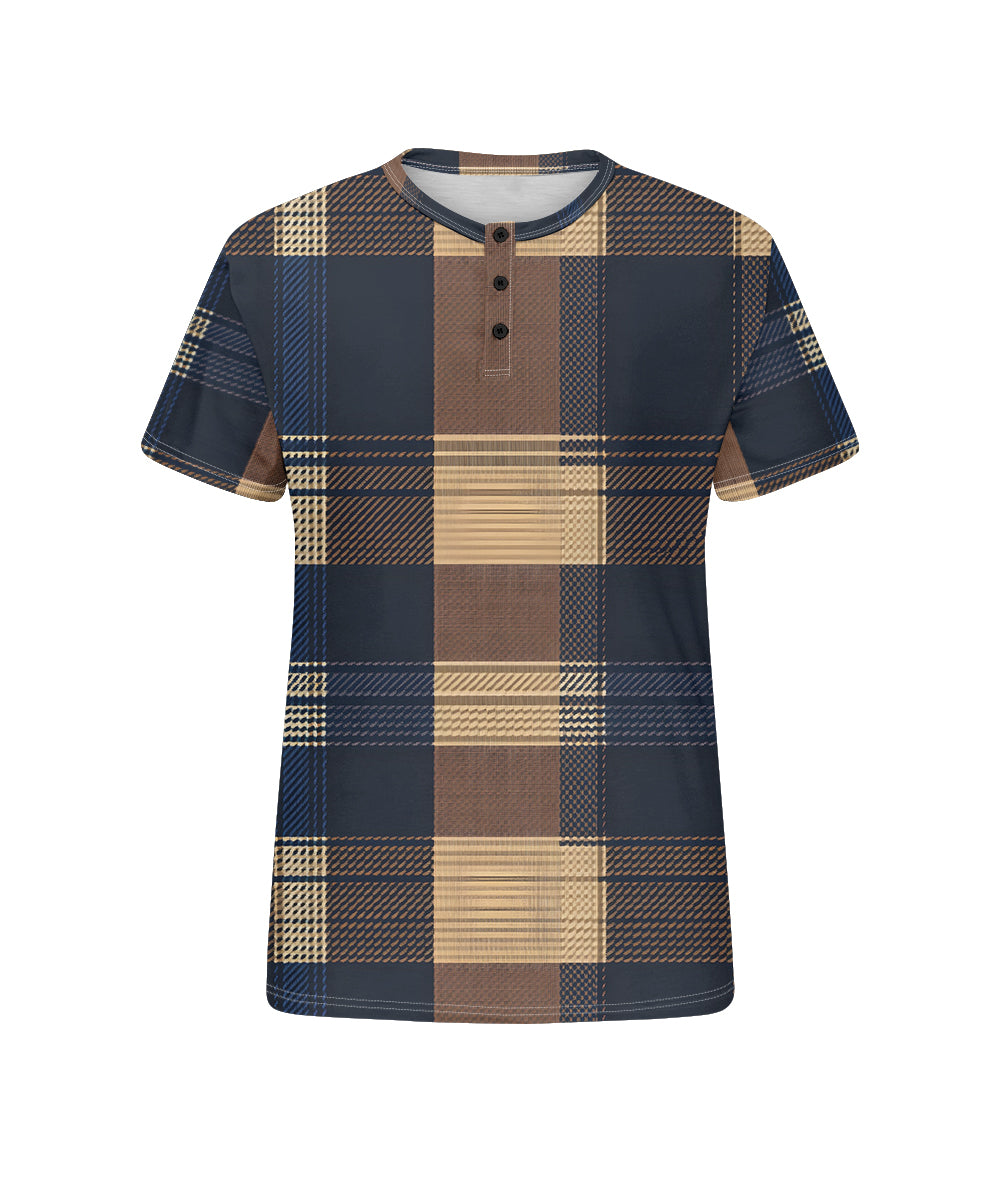 Men's Plus Size Casual Daily Retro Blue Plaid Print Henry Collar Button Short Sleeve T-Shirt