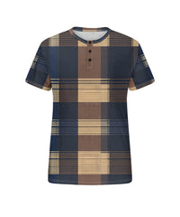 Men's Plus Size Casual Daily Retro Blue Plaid Print Henry Collar Button Short Sleeve T-Shirt