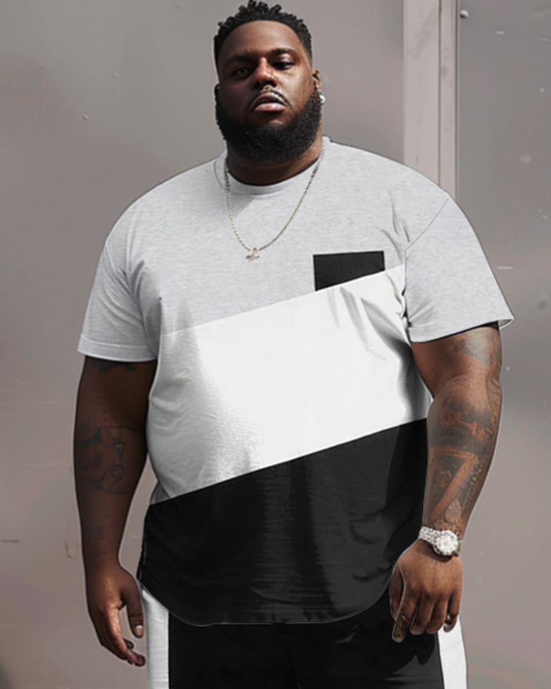 Street Casual Black And White Gray Color Block Print Large Men's Set