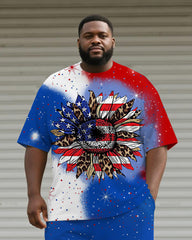 Men's Plus Size Independence Day Gradient Leopard Print Sunflower Print Round Neck T-shirt Shorts Suit