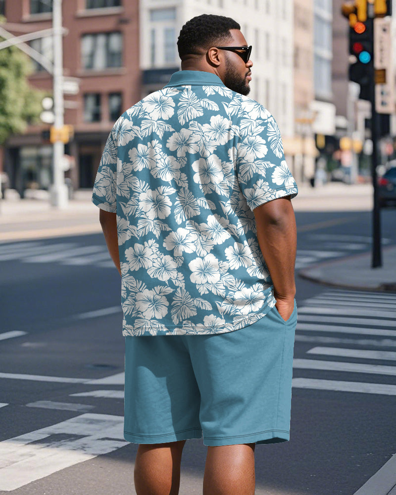 Big & Tall Men's Business Hawaiian Hasahi Leaf Printed Short Sleeve Polo Shirt Shorts Suit