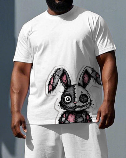 Men's Simple Fashion Splicing Injured Rabbit Print Big & Tall Short-Sleeve T-shirt Shorts Set